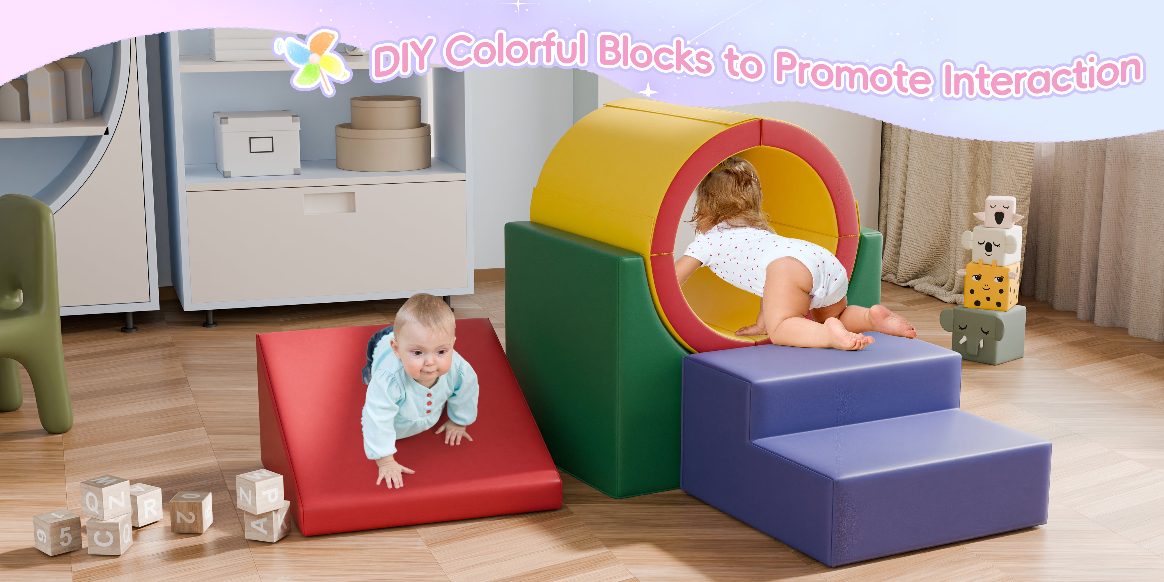 Tunnel/Ramps Foam Climber, Climb & Crawl Foam Activity Play Set for Toddlers and Kids, Safe Indoor Crawling Gym Equipment for,Infant,Baby Waterproof Easy to Clean